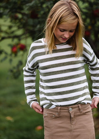 Girls Olive Striped Long Sleeve Top Shirt
