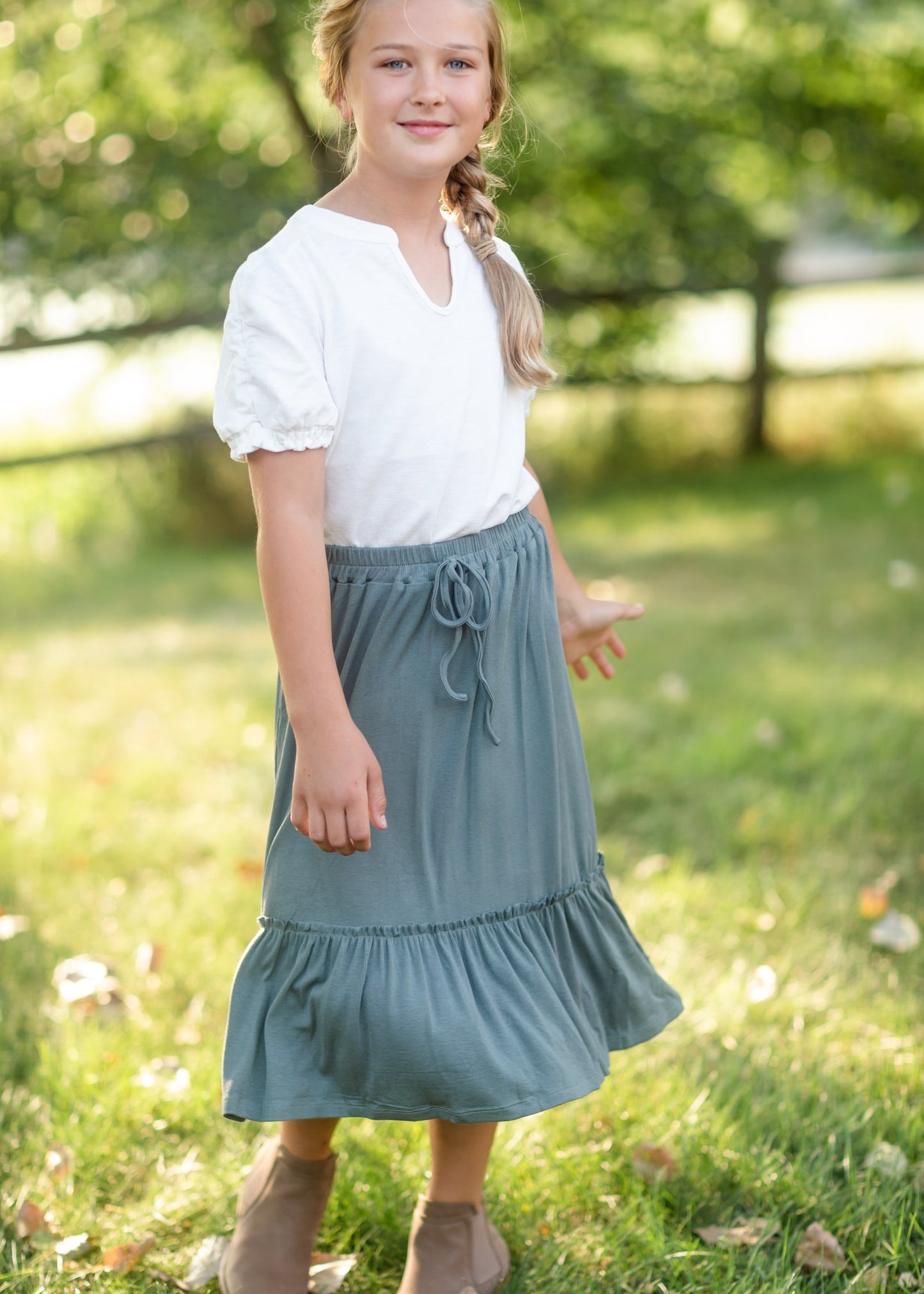 Girls Ruffled Knit Elastic Waist Midi Skirt Skirts Hayden Sage / S