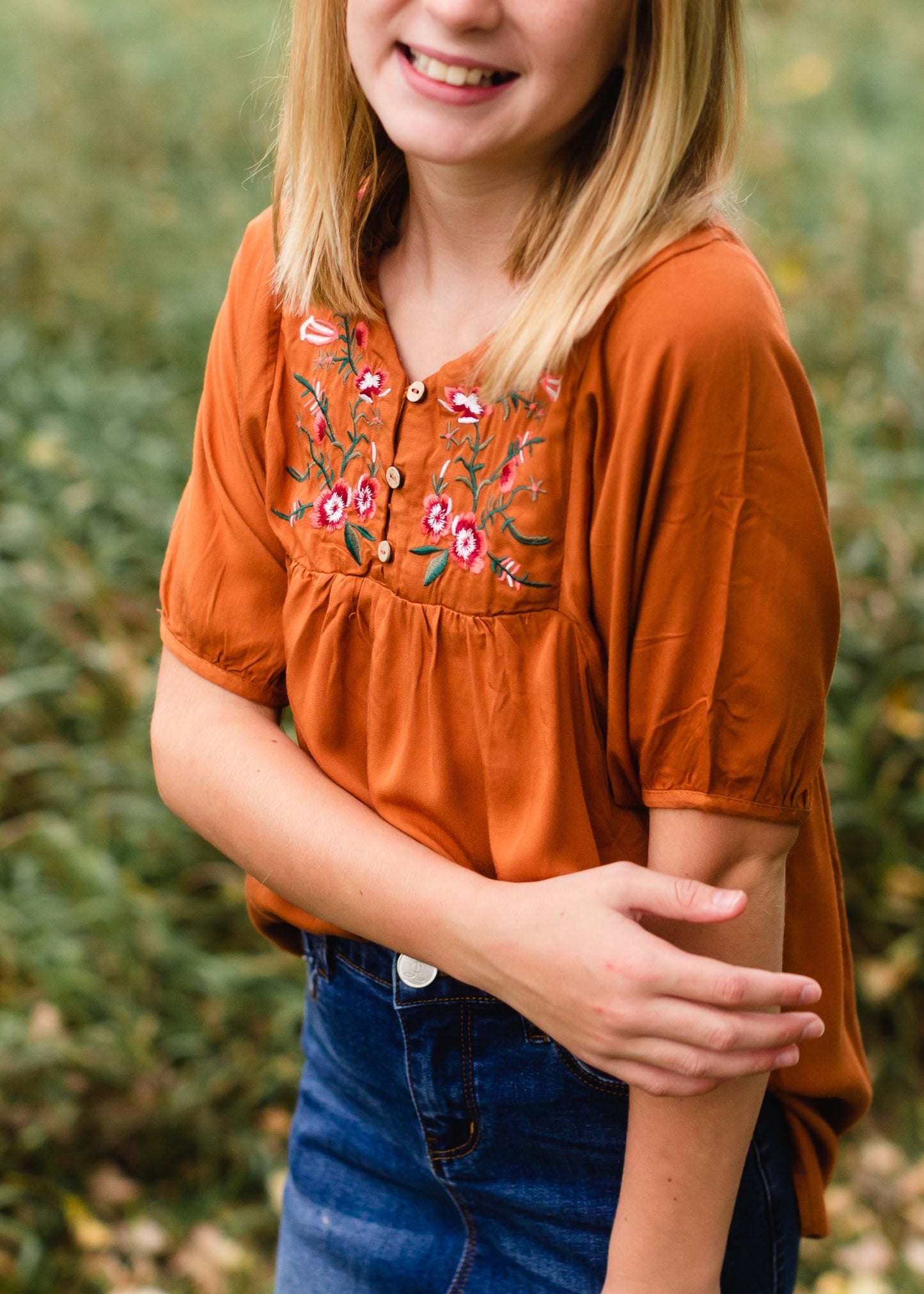 Girls Rust Floral Embroidered Top - FINAL SALE Shirt