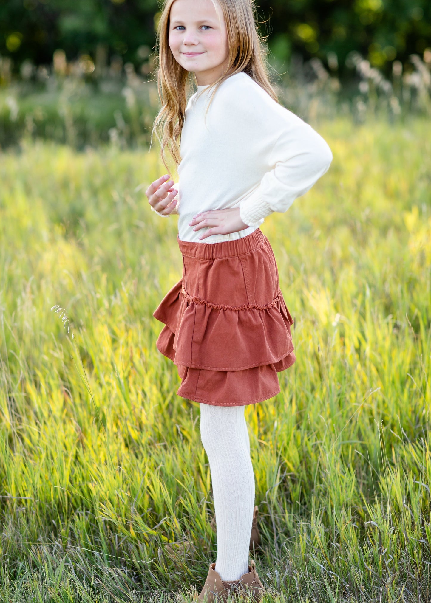 Girls Rust Ruffle Midi Skirt Girls