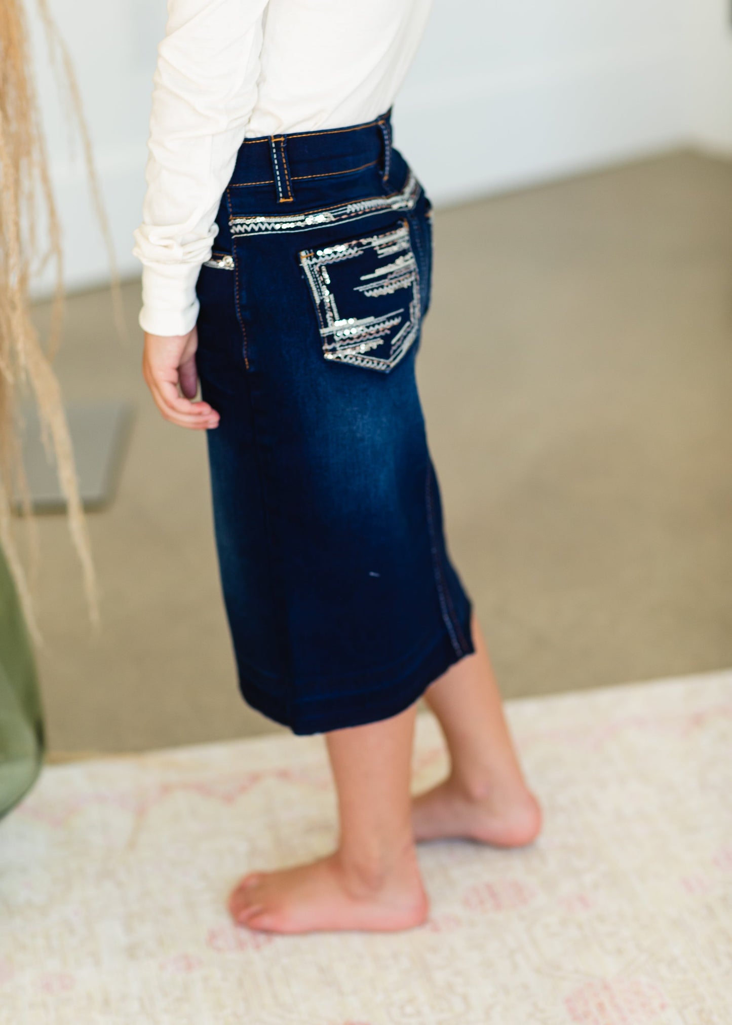 Girls Sequin Stitched Midi Denim Skirt Skirts