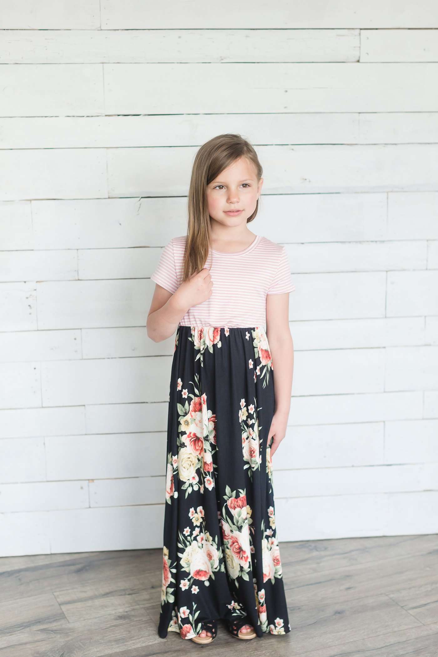 Girls Short Sleeve Striped Contrast Floral Print Maxi Dress | Side Pockets Girls