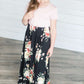 Girls Short Sleeve Striped Contrast Floral Print Maxi Dress | Side Pockets Girls