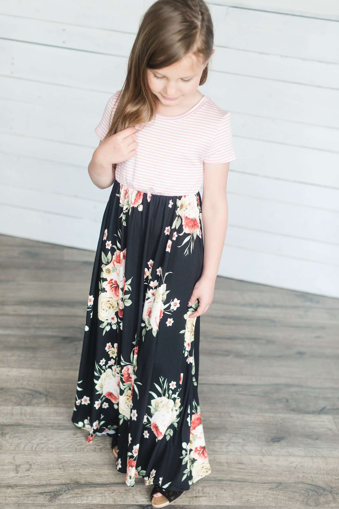 Girls Short Sleeve Striped Contrast Floral Print Maxi Dress | Side Pockets Girls