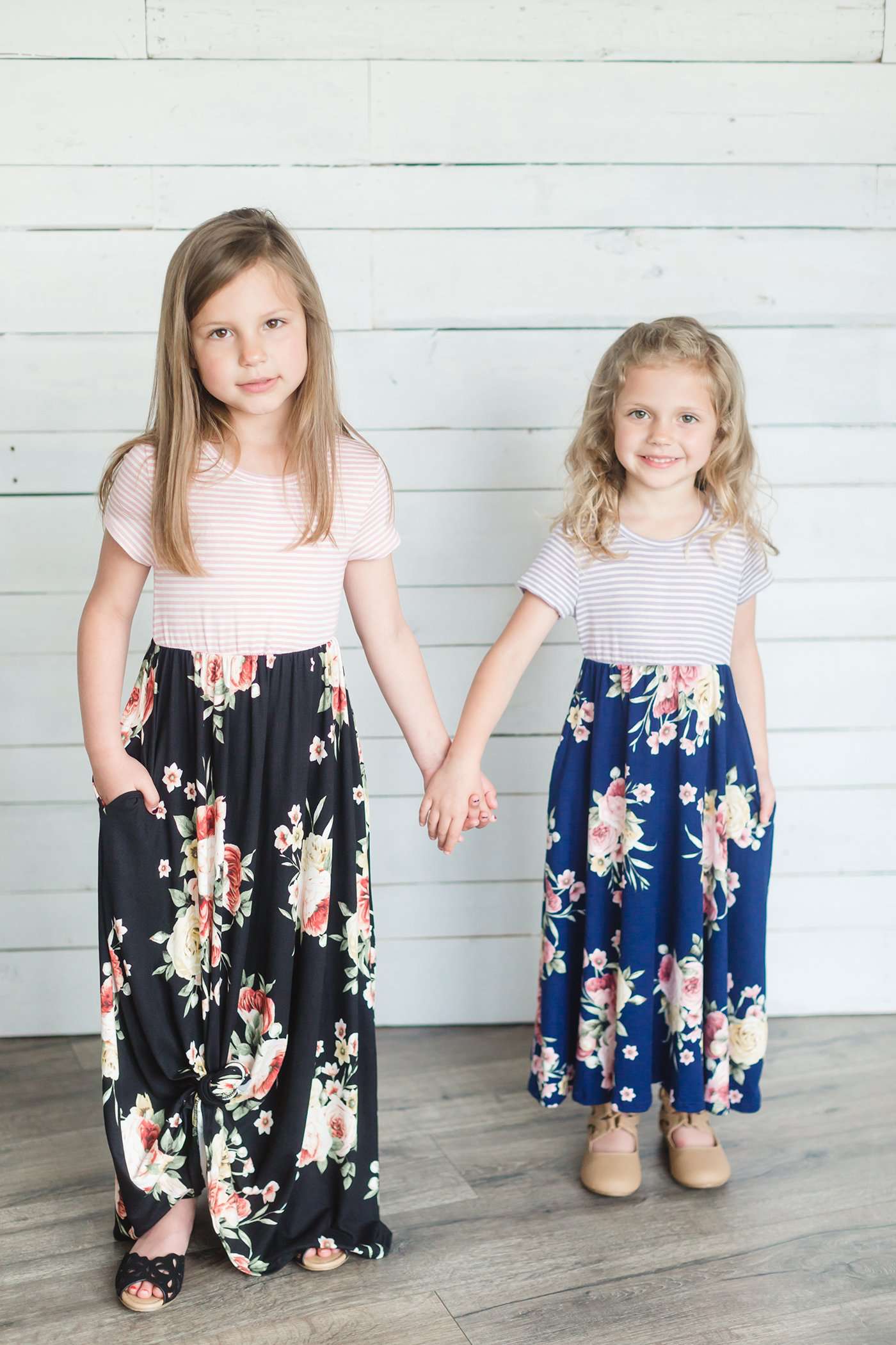 Girls Short Sleeve Striped Contrast Floral Print Maxi Dress | Side Pockets Girls
