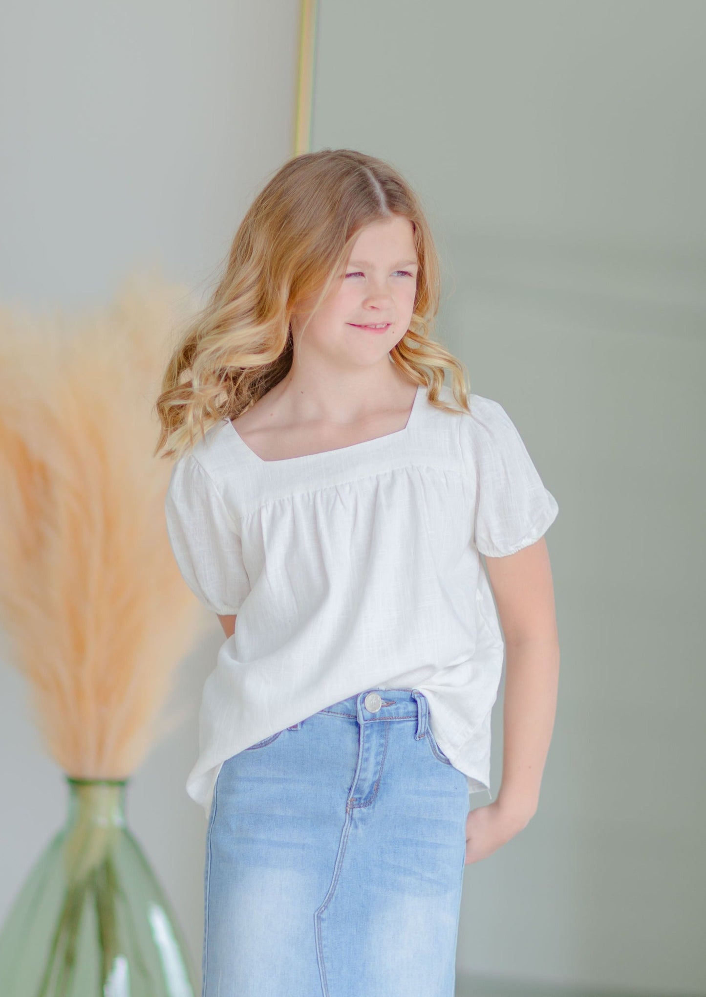 Girls Square Neck Cinched Sleeve Top Girls