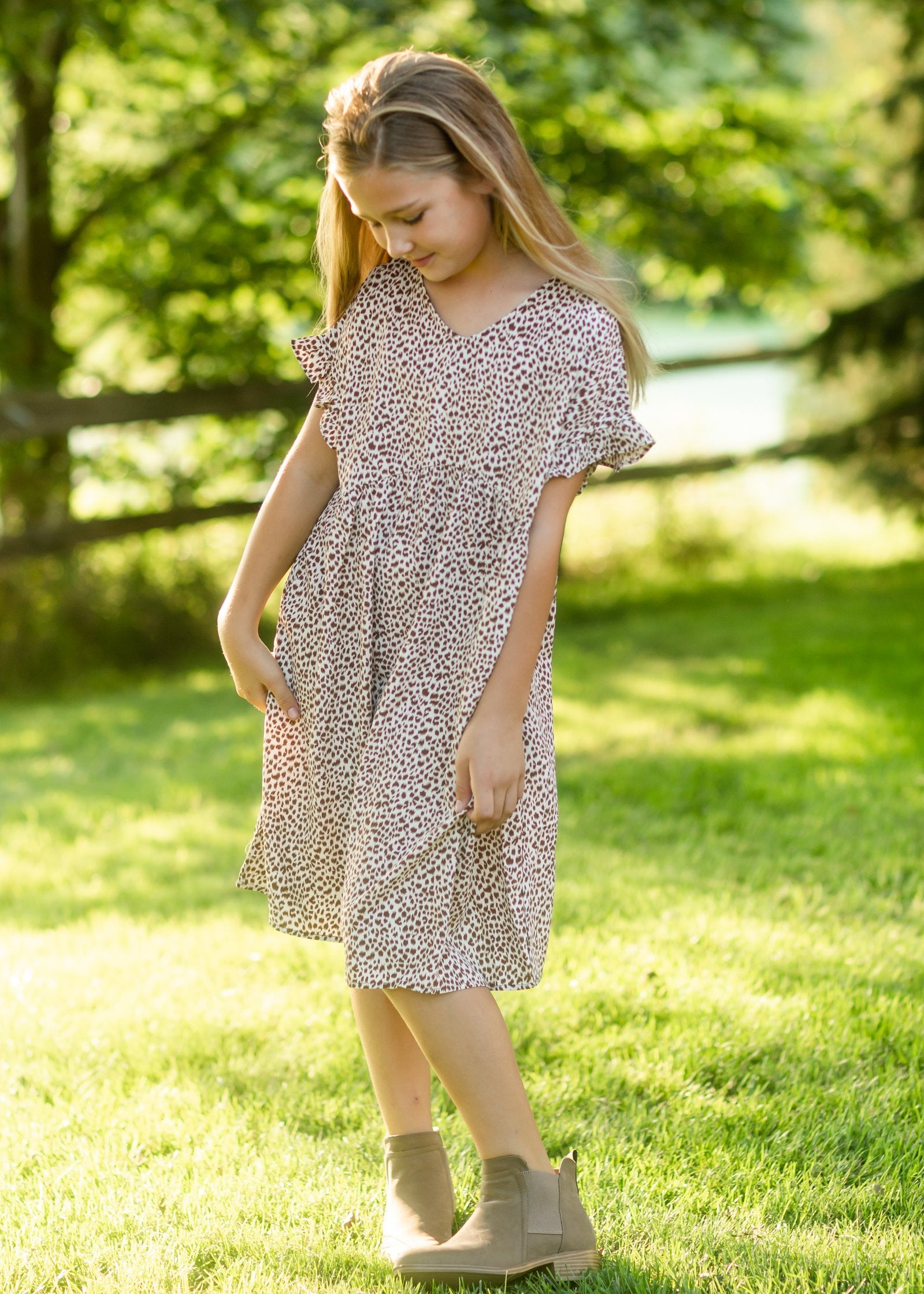 Girls Taupe Dotted V Neck Gathered Tunic Dress Girls Hayden Los Angeles