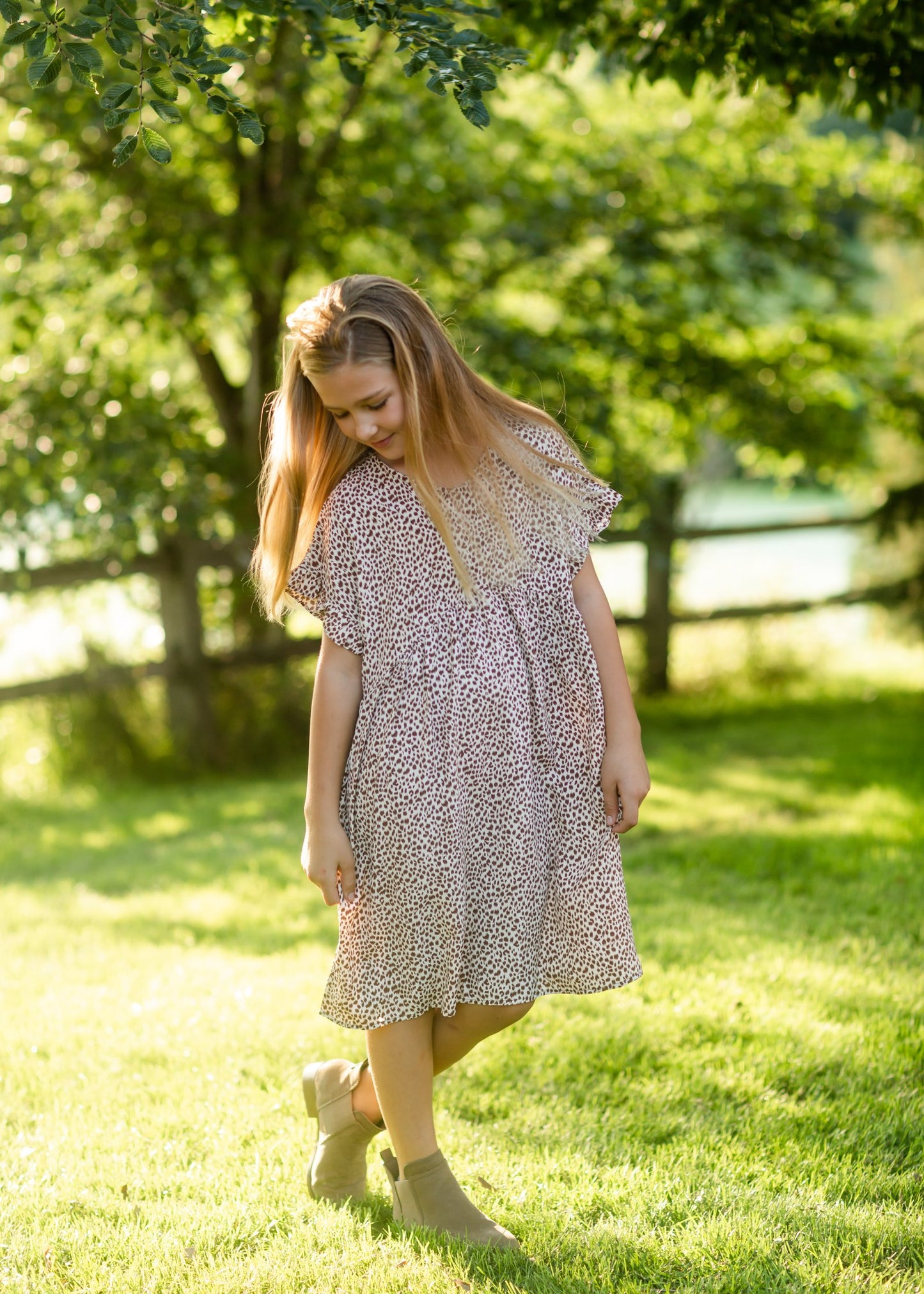 Girls Taupe Dotted V Neck Gathered Tunic Dress Girls Hayden Los Angeles