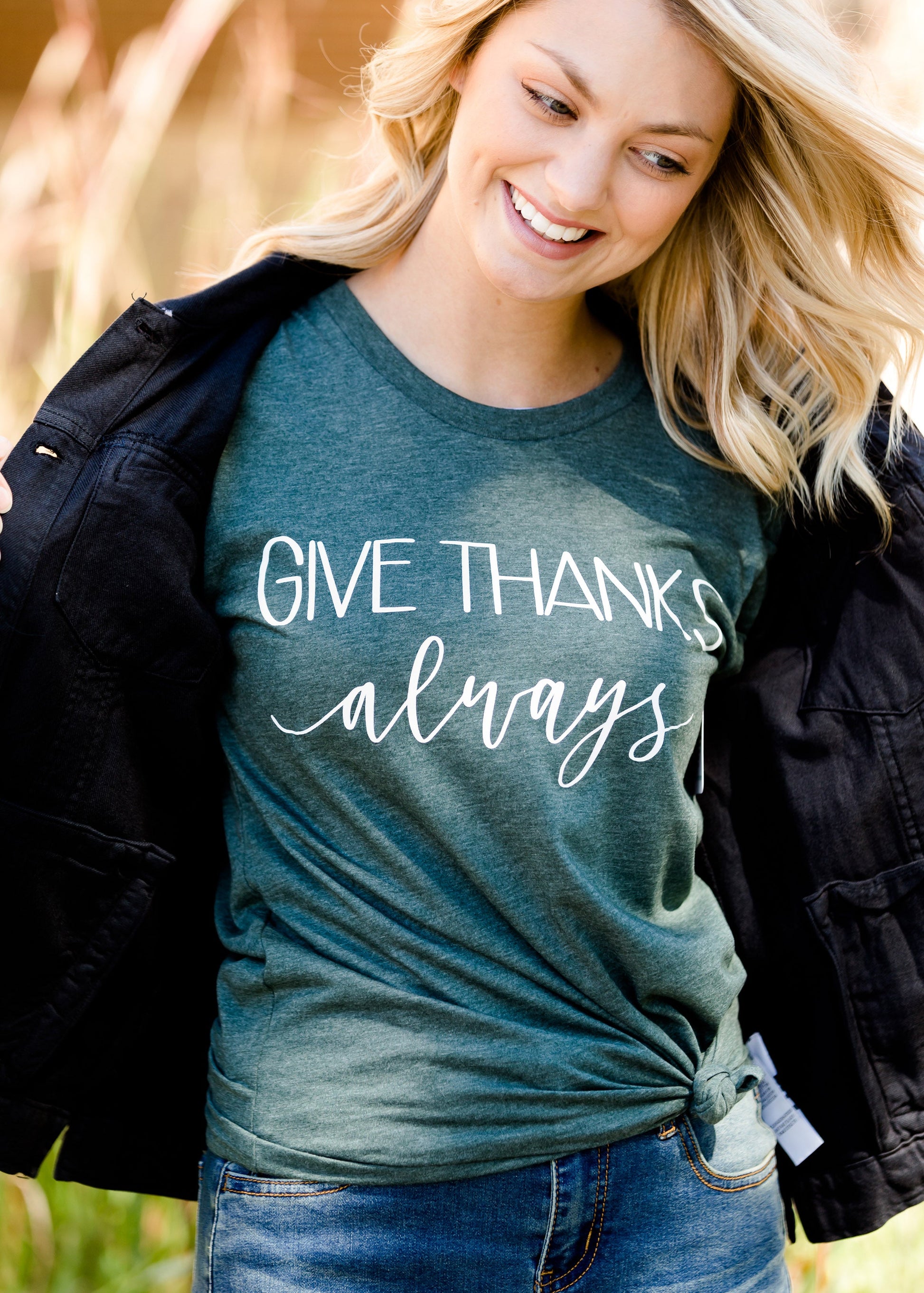 dark green women's give thanks fall graphic tee