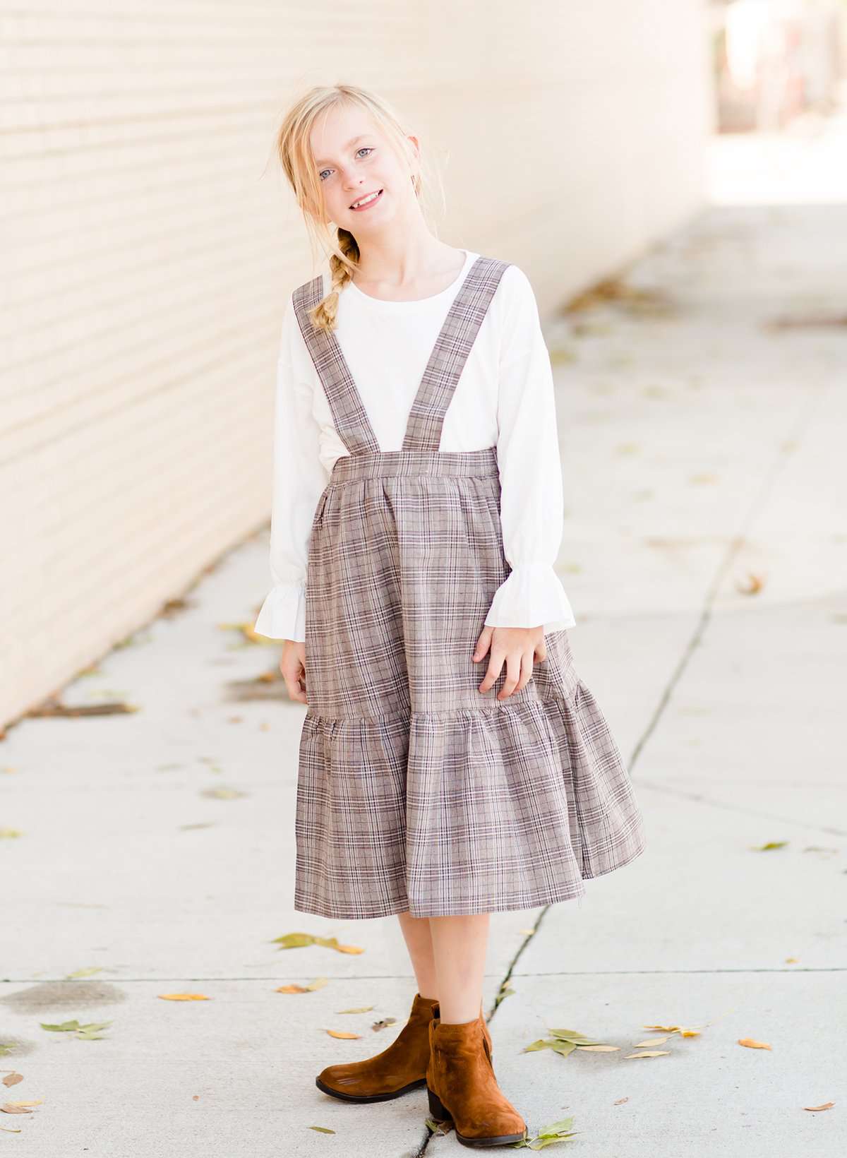 Modest girls and conservative teens brown checkered  overall dress