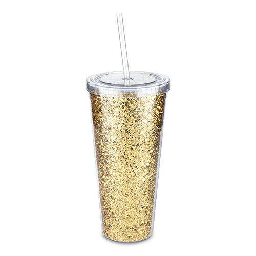 Gold glitter 24 oz. double wall tumbler with straw.