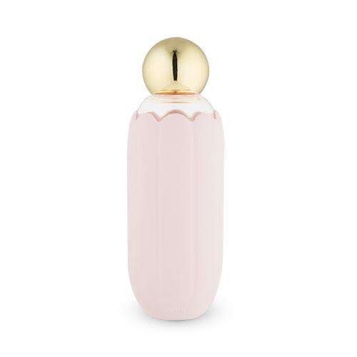 Gold and blush water bottle. Silicone sleeve over the plastic body.