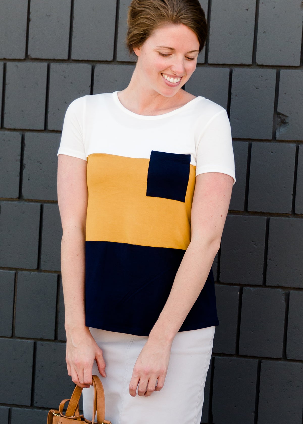navy yellow and white block tee shirt