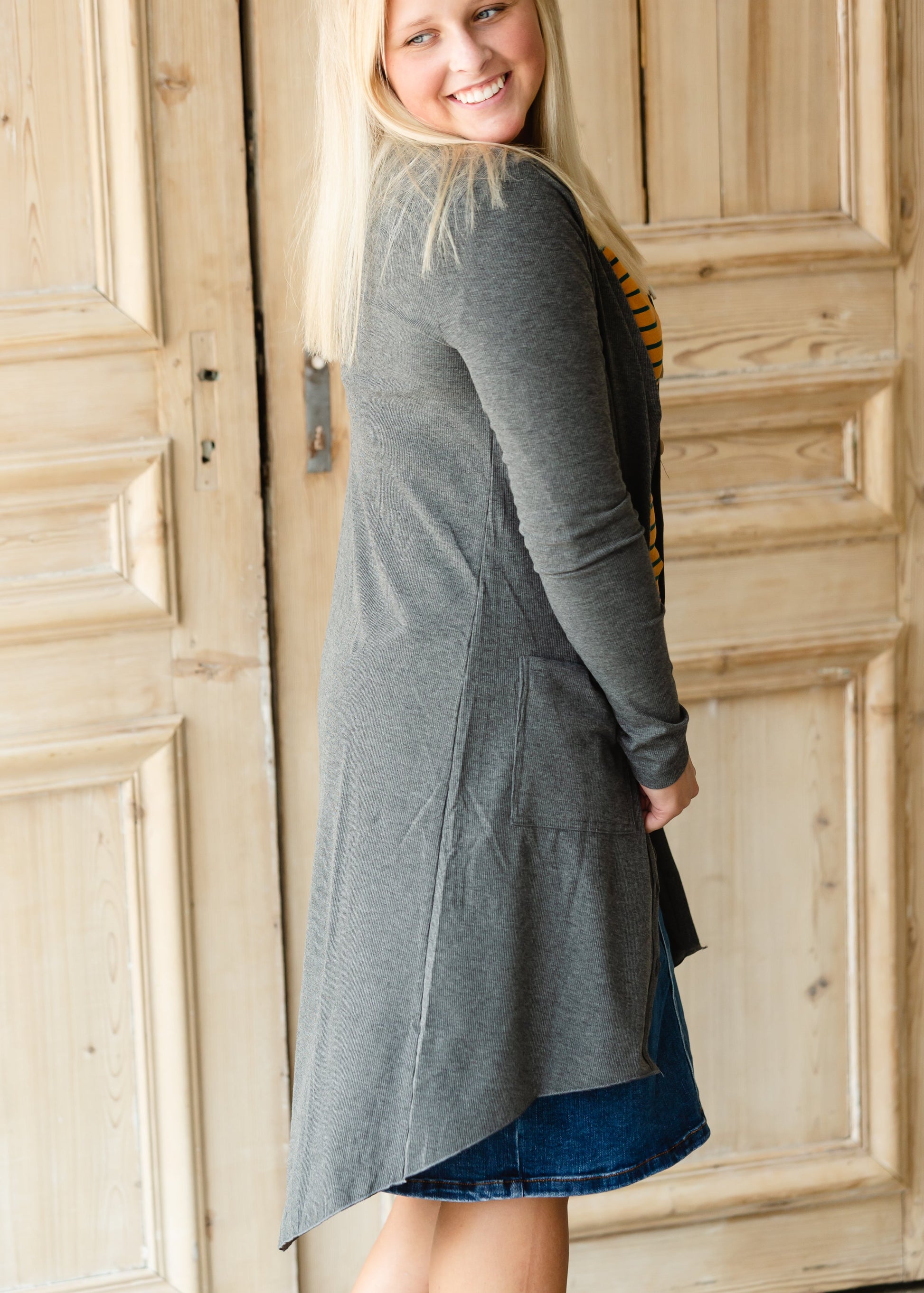 Gray Button Front Long Cardigan - FINAL SALE Tops