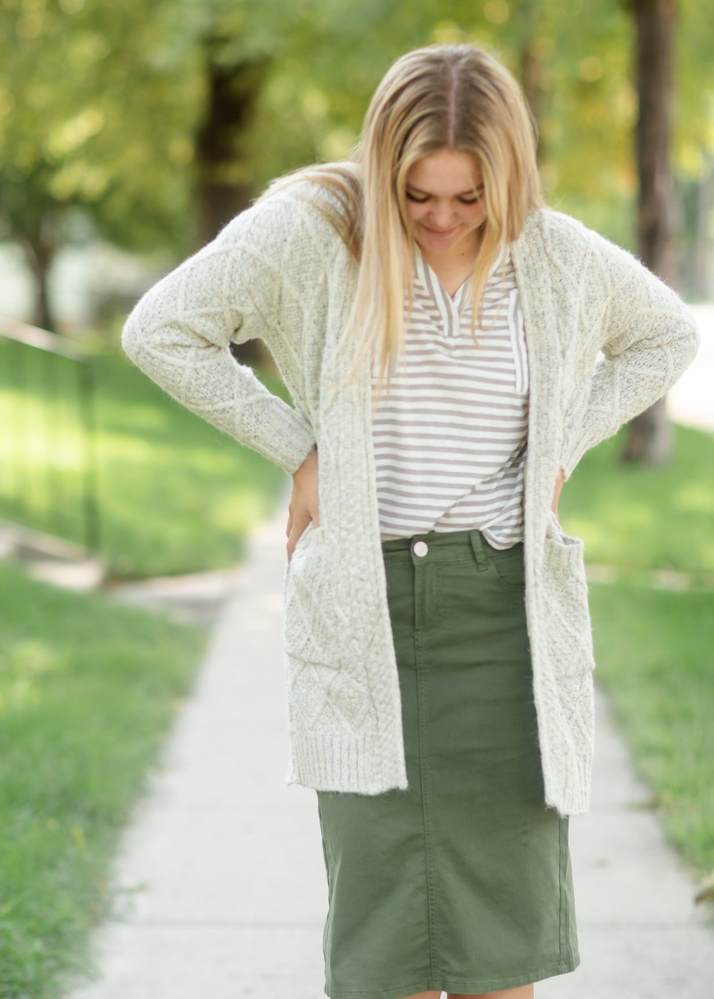 Gray Chunky Cable Knit Cardigan Tops Staccato