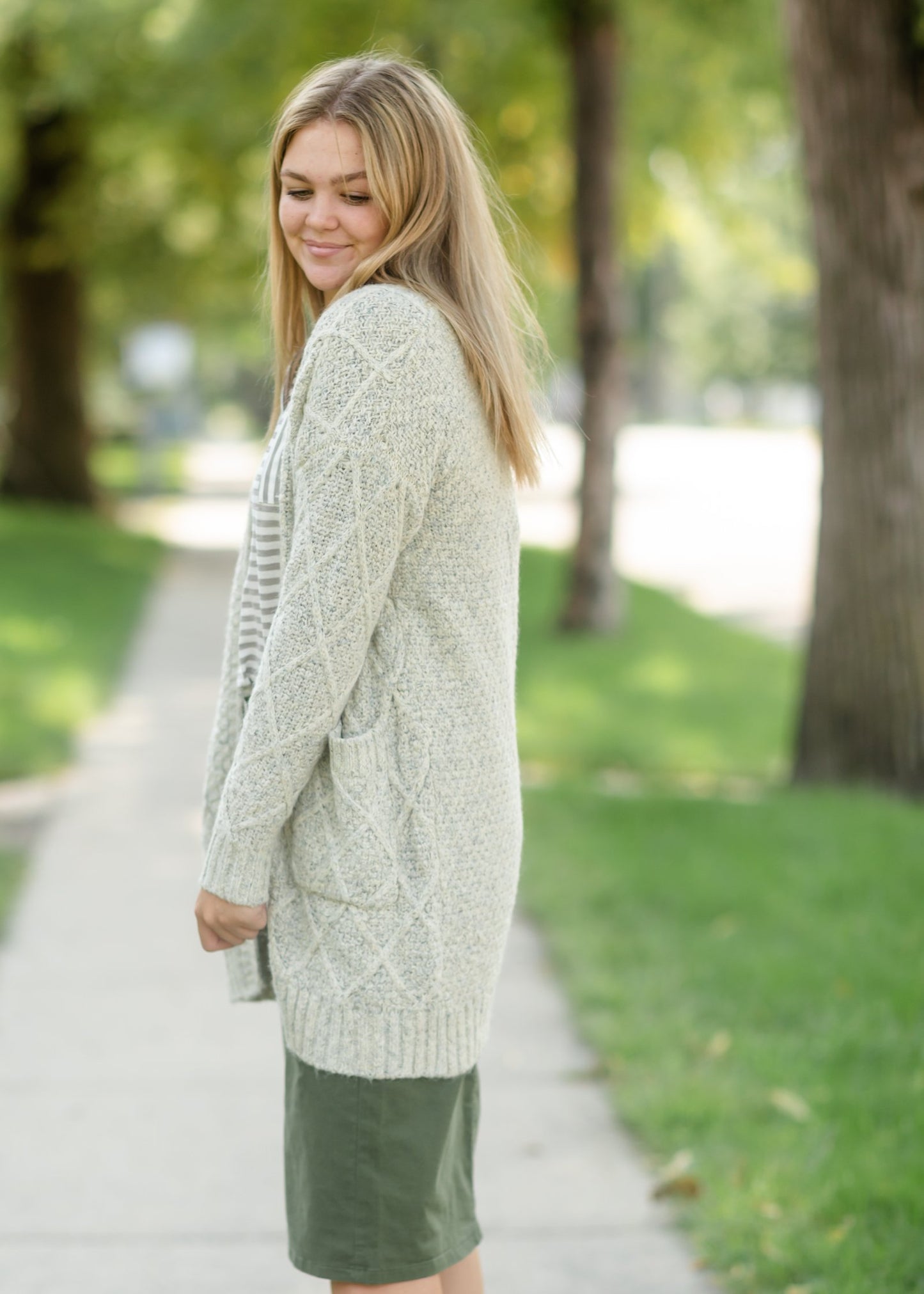 Gray Chunky Cable Knit Cardigan Tops Staccato