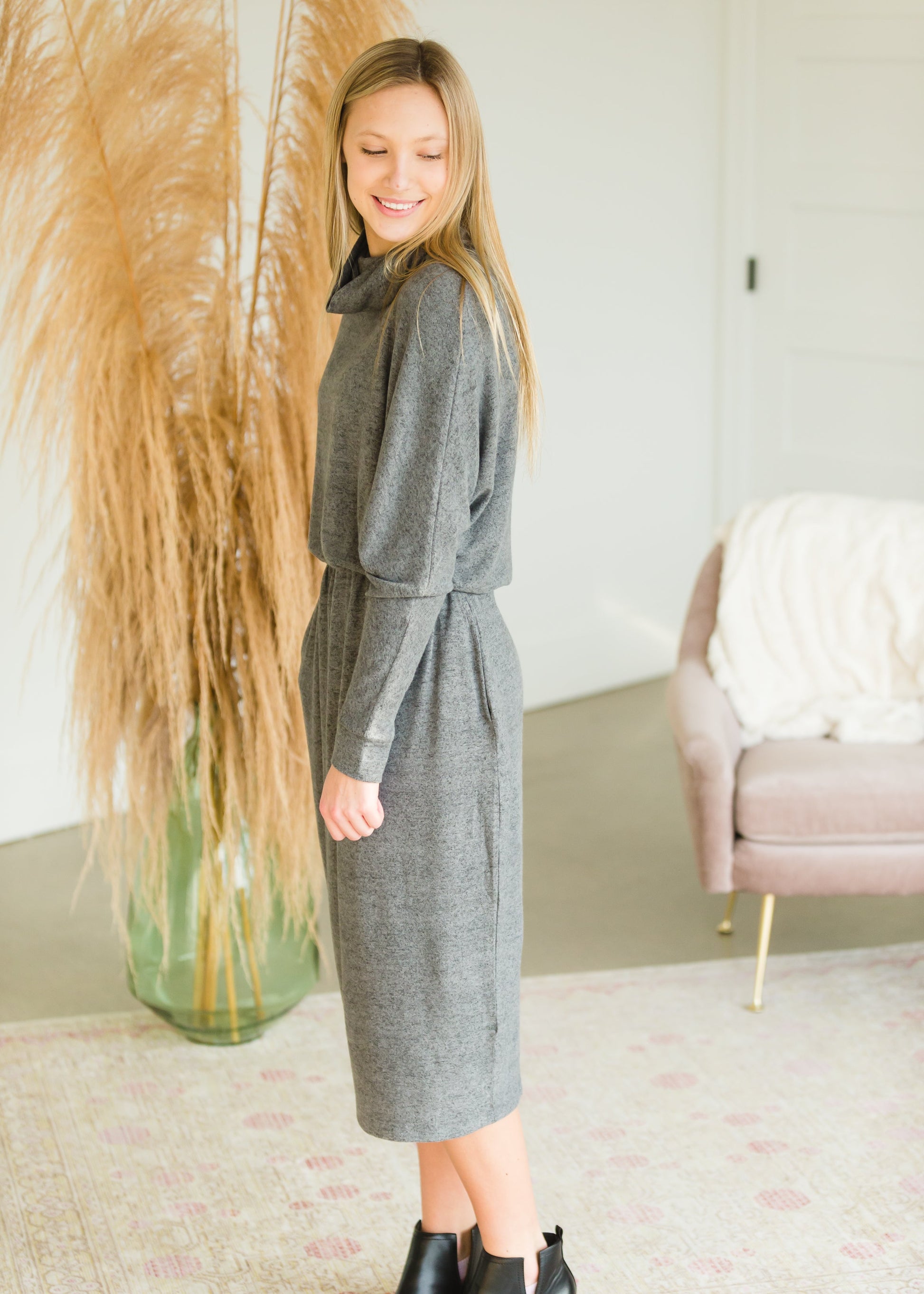 Gray Cowl Neck Dolman Sleeve Midi Dress - FINAL SALE Dresses