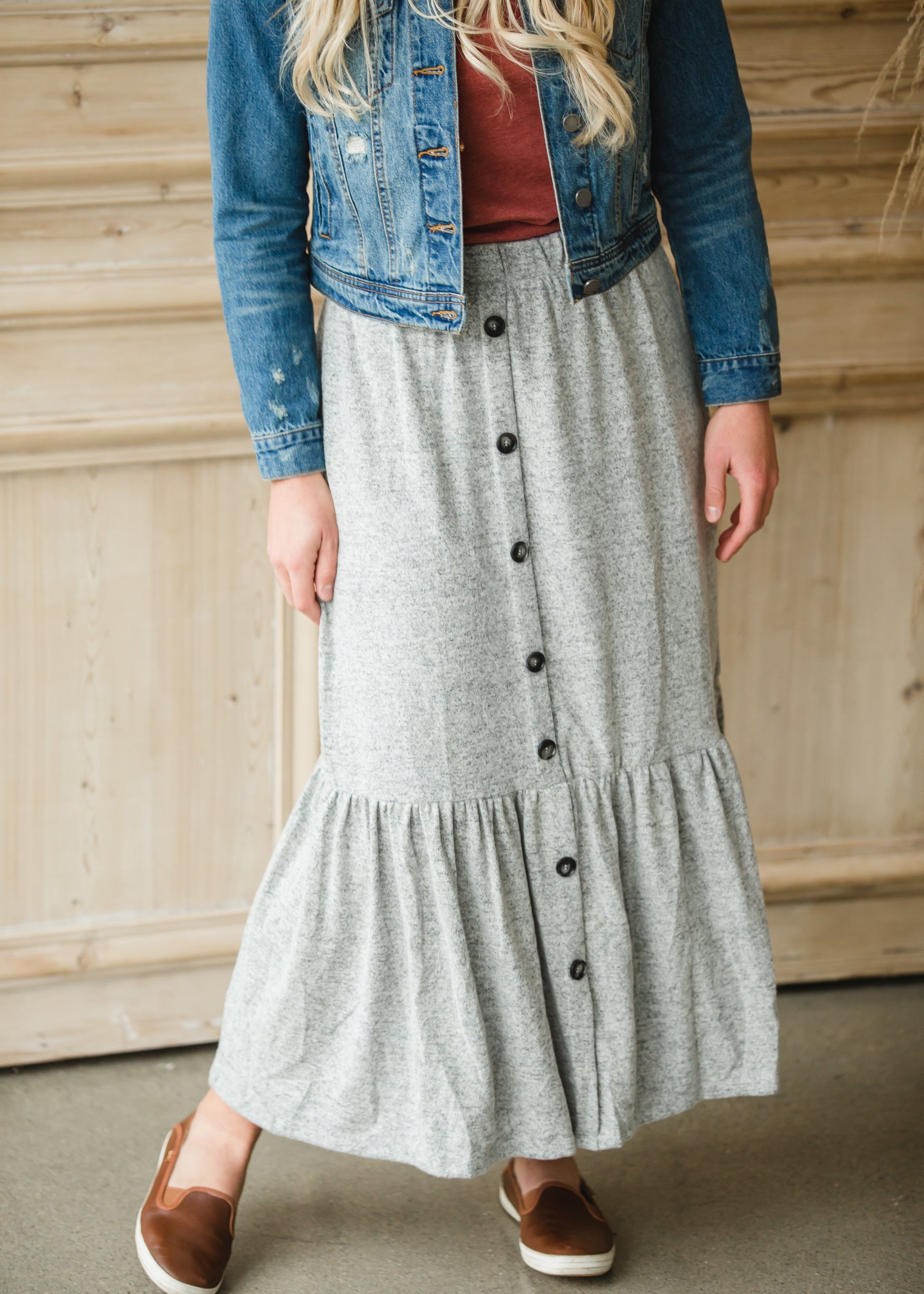 Gray Cozy Knit Tiered Midi Skirt Skirts