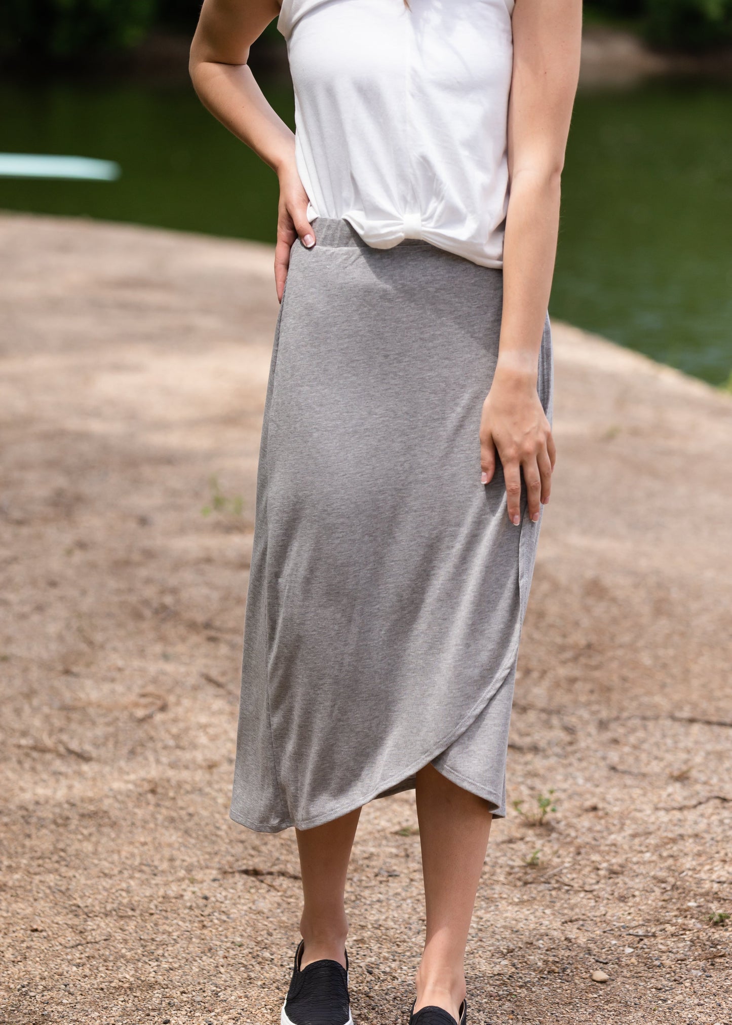 Gray Elastic Waist Knit Midi Skirt - FINAL SALE Skirts