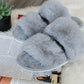 Gray Faux Fur Double Strap Slide Slippers