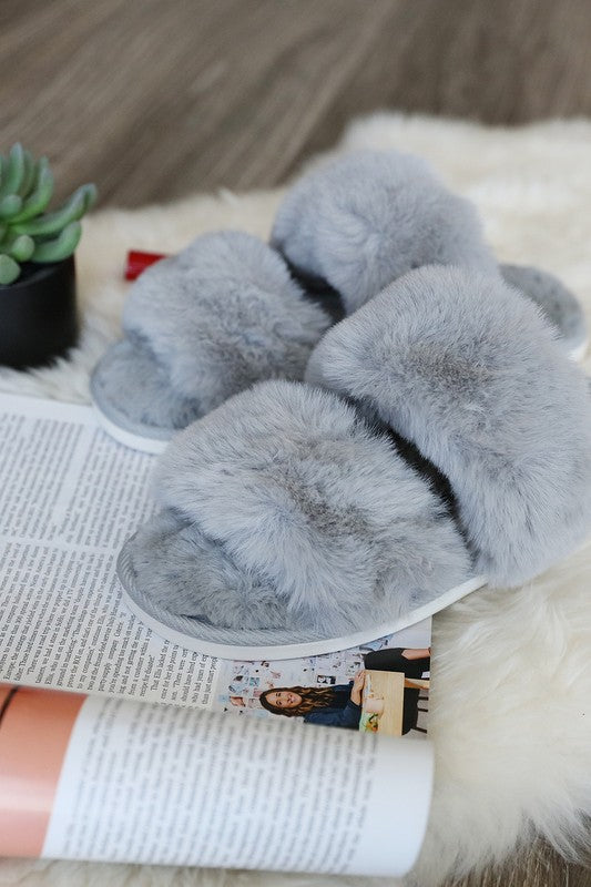 Gray Faux Fur Double Strap Slide Slippers