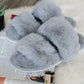 Gray Faux Fur Double Strap Slide Slippers