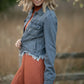 This Gray Fitted Jacket with Uneven Hem is easy to layer over all of your basics! Tailored in a gray cotton blend material, with fully functional front buttons, visible stitching, and a classic collar. The button details continue with at the two chest pockets perfect for holding all the things, and the cuffs also button! There is a raw frayed hem for elevated style! Layer this jacket over your favorite knit dress for classy casual looks all season long! 