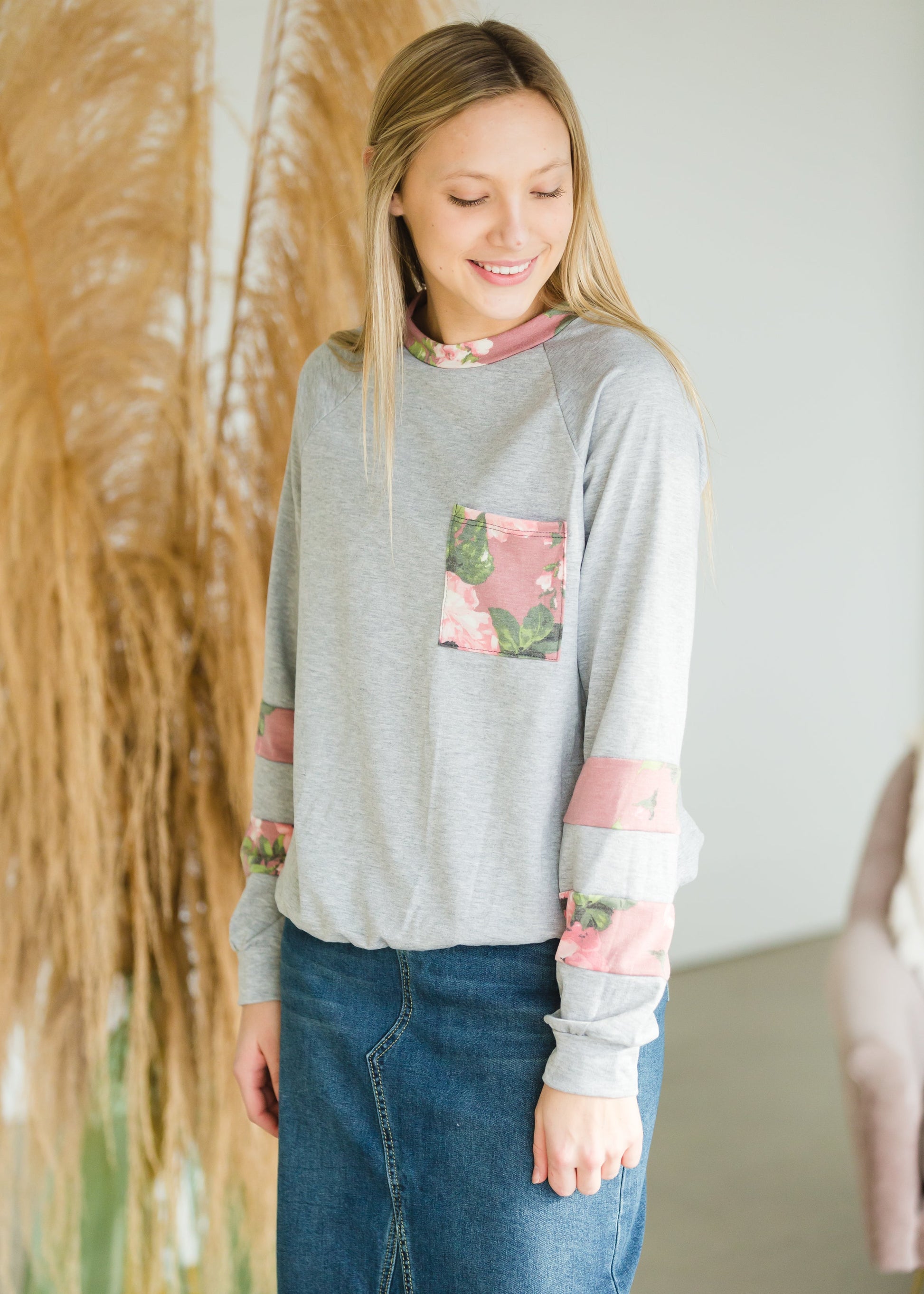 Gray Floral Color Block Sweatshirt - FINAL SALE Tops