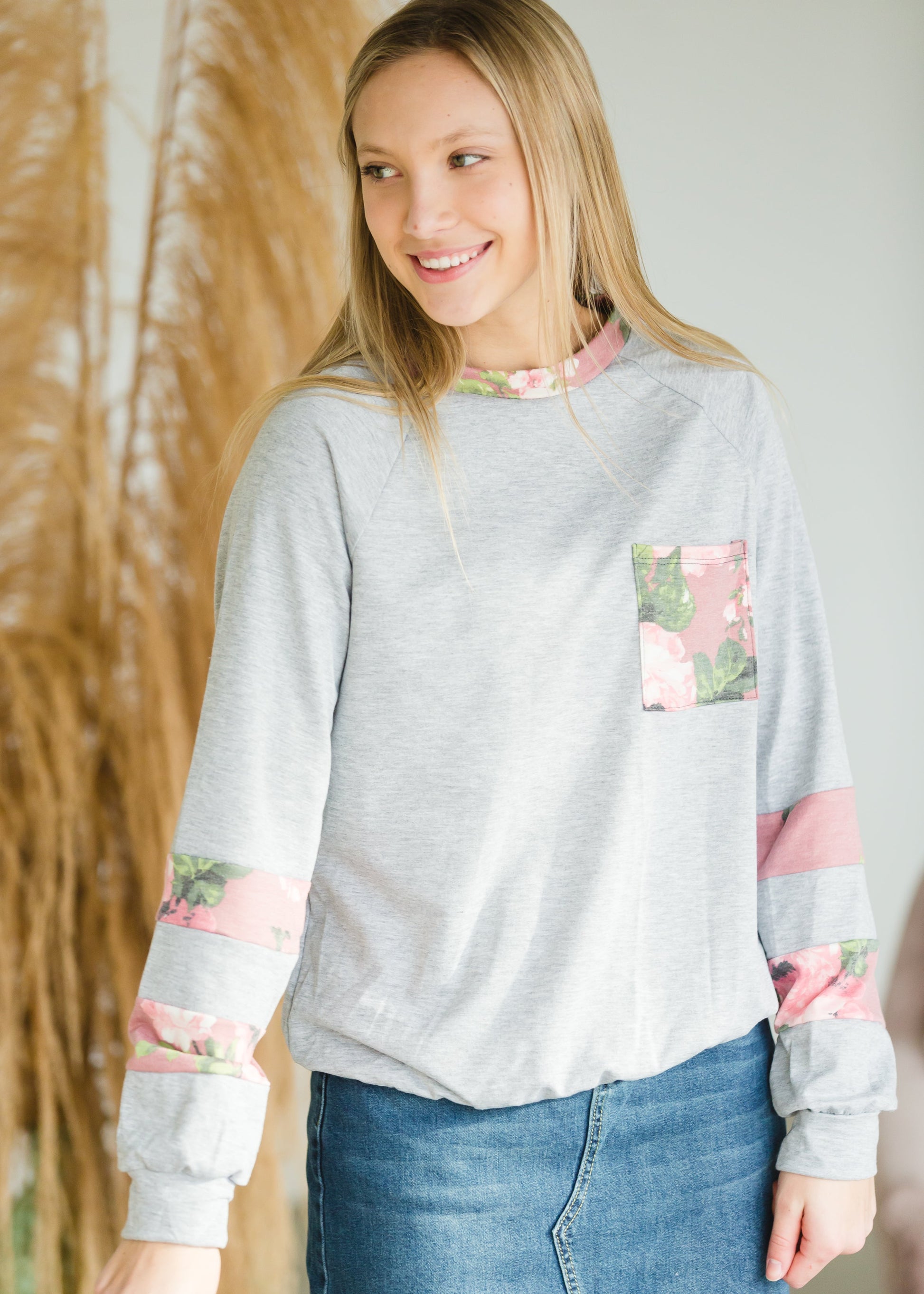 Gray Floral Color Block Sweatshirt - FINAL SALE Tops