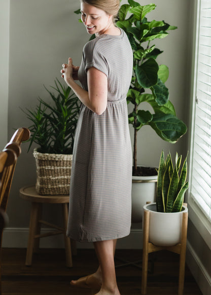Gray Knit Striped Midi Dress Dresses
