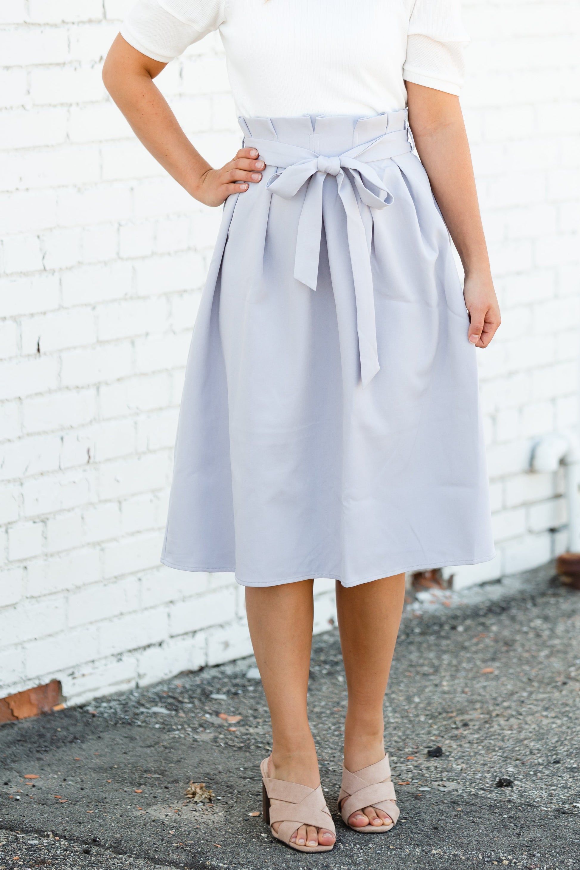 Gray Pleated Waist Tie Midi Skirt - FINAL SALE Skirts