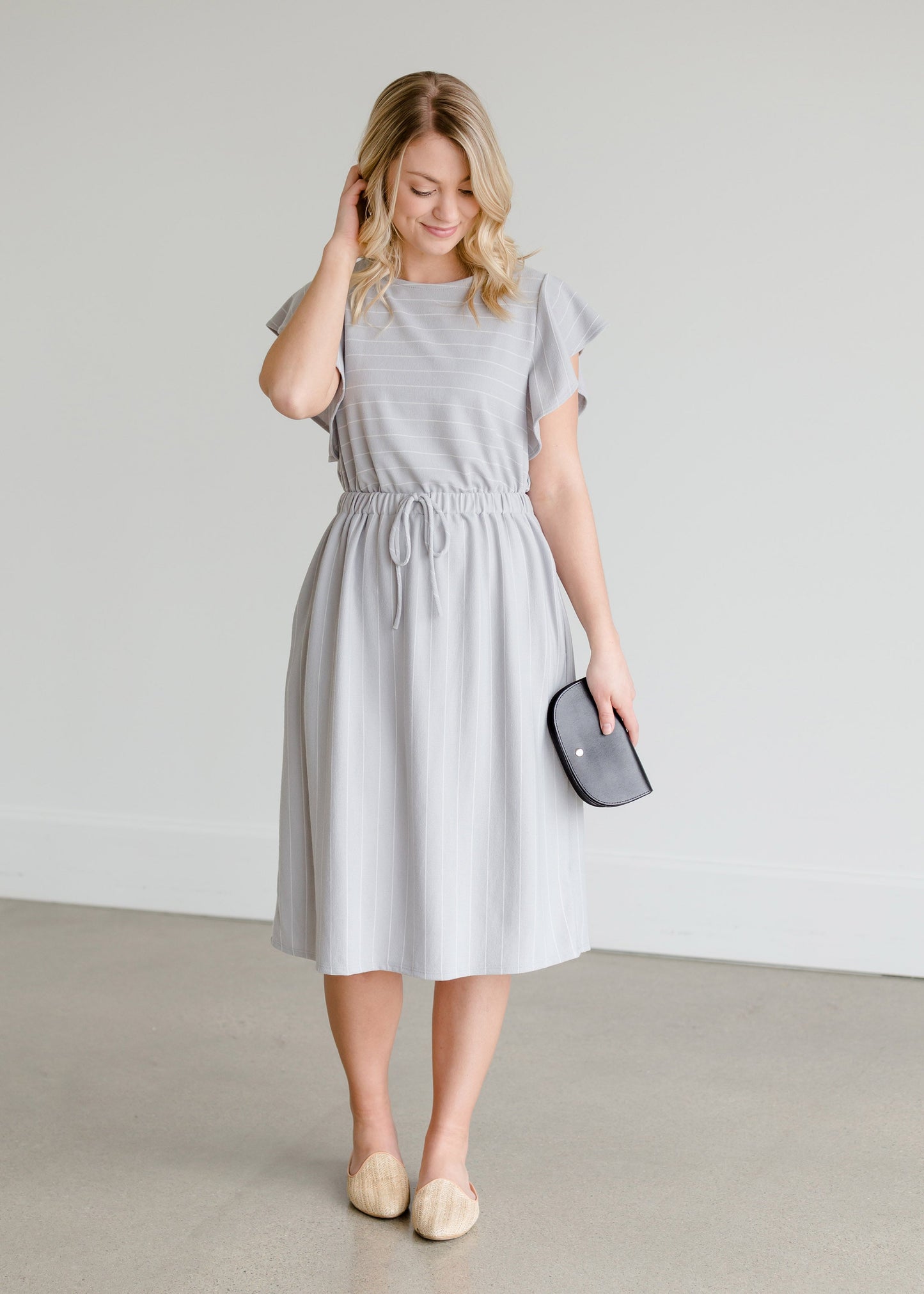 Gray Ruffle Sleeve Striped Midi Dress - FINAL SALE Dresses