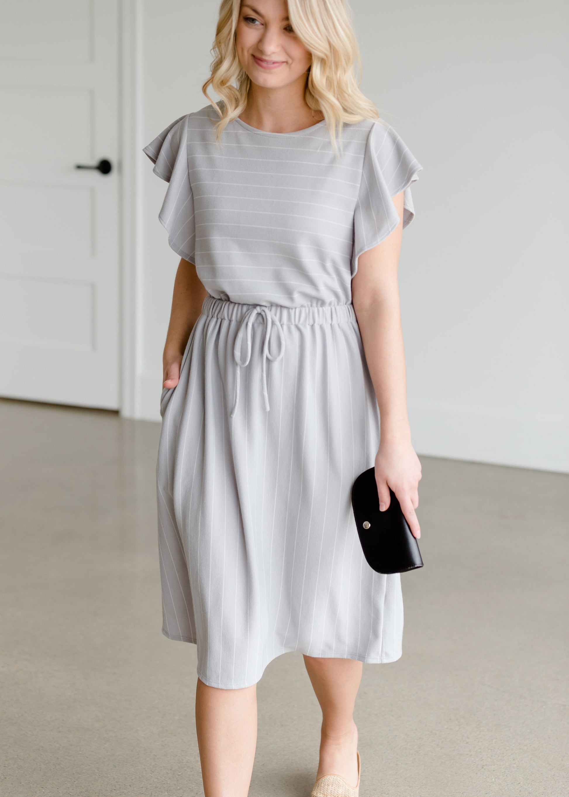 Gray Ruffle Sleeve Striped Midi Dress - FINAL SALE Dresses