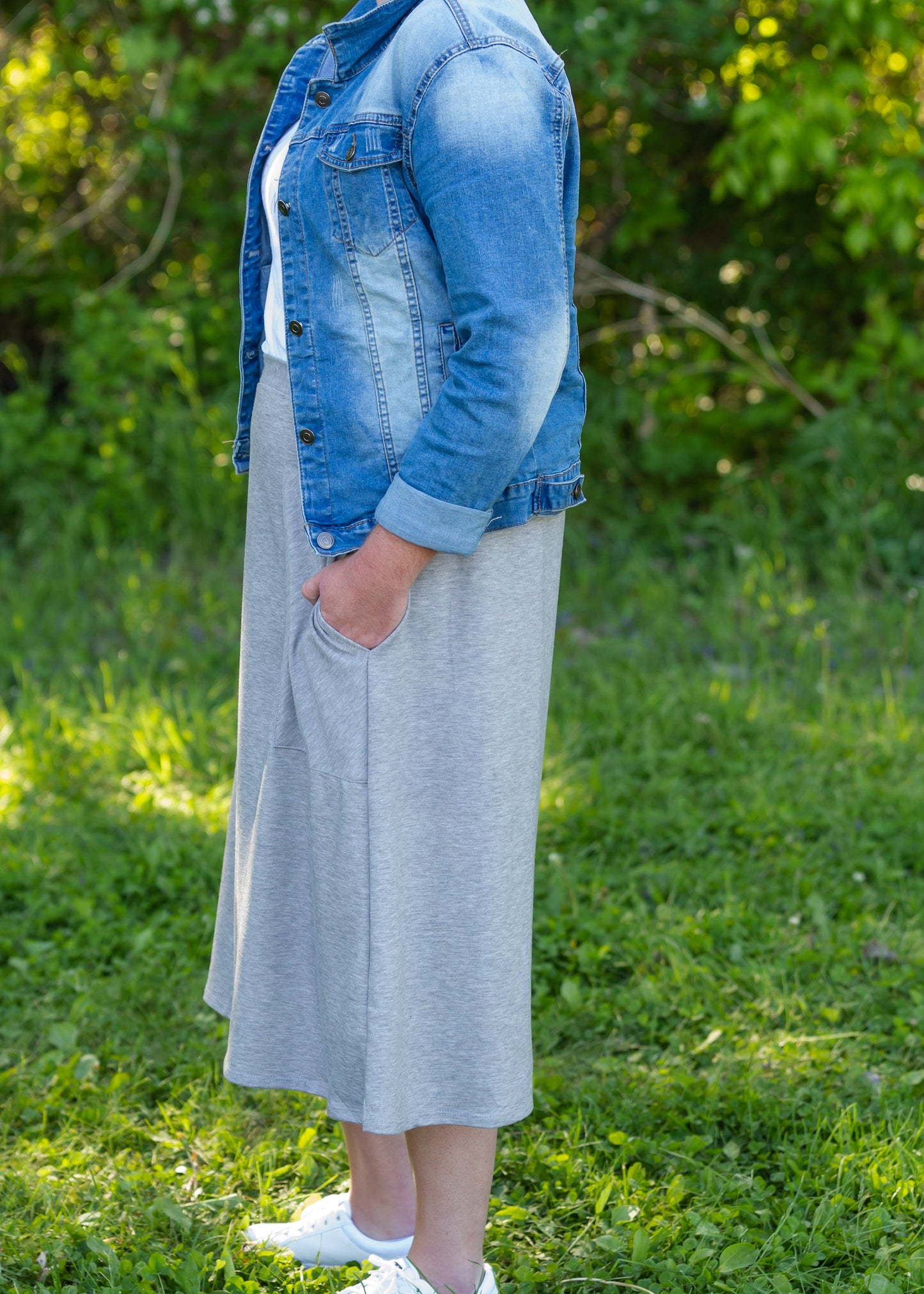 Gray Stretch Waist Patch Pocket Midi Skirt - FINAL SALE Skirts