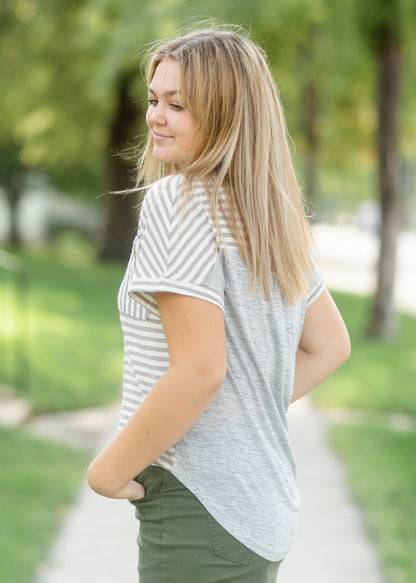 Gray Striped Double Pocket Top Tops VOY