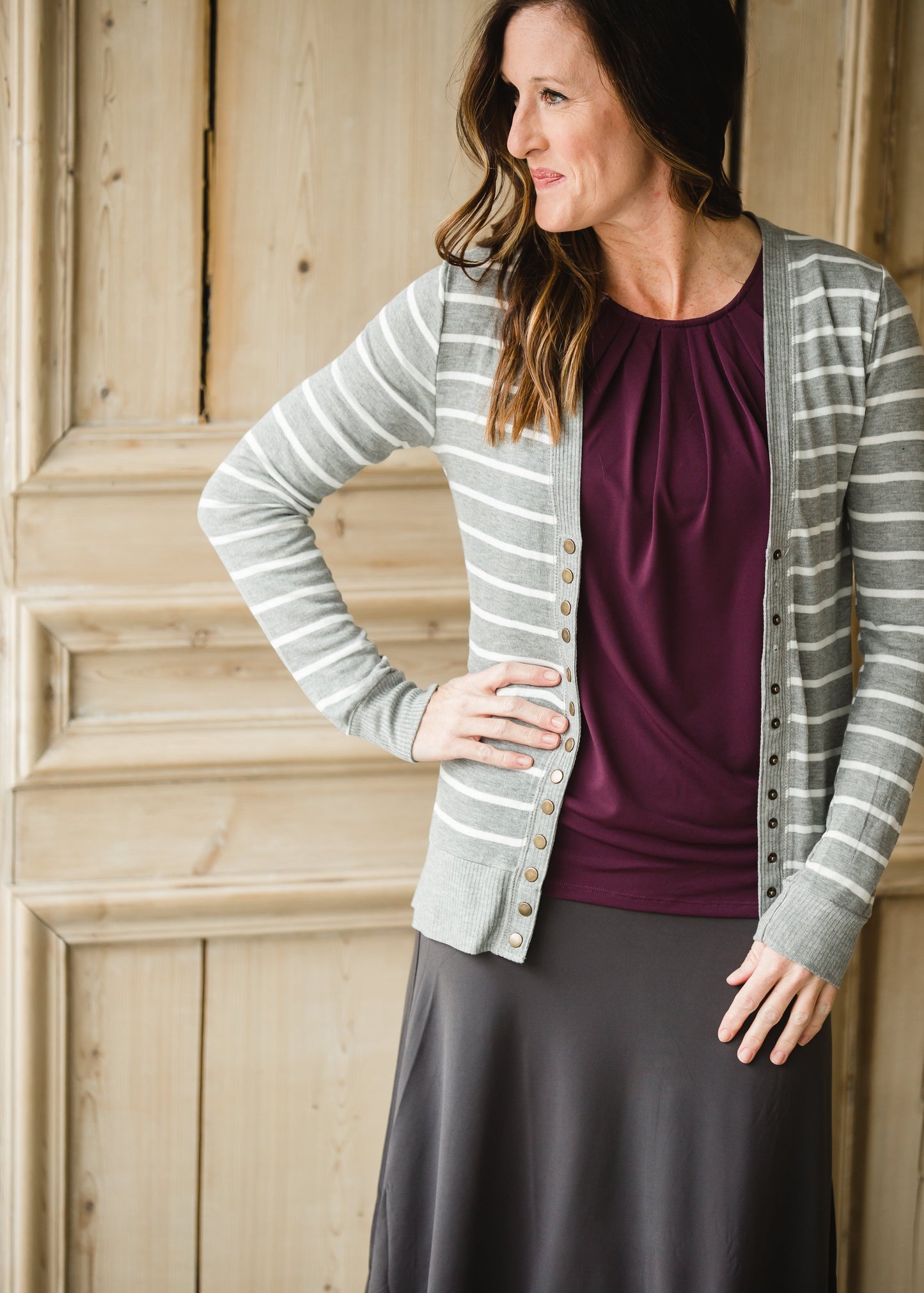 Gray Striped Snap Button Cardigan - FINAL SALE Tops