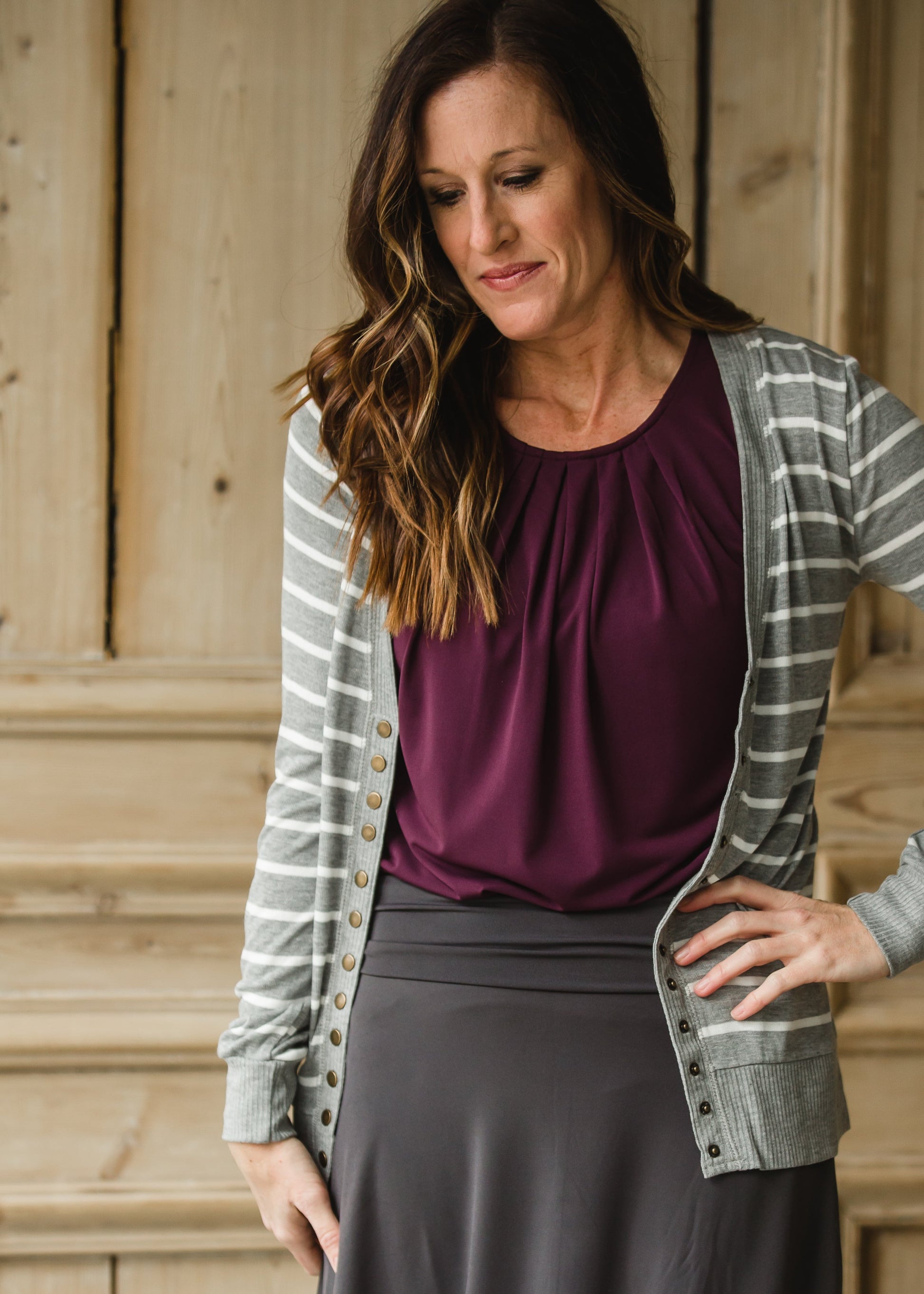 Gray Striped Snap Button Cardigan - FINAL SALE Tops