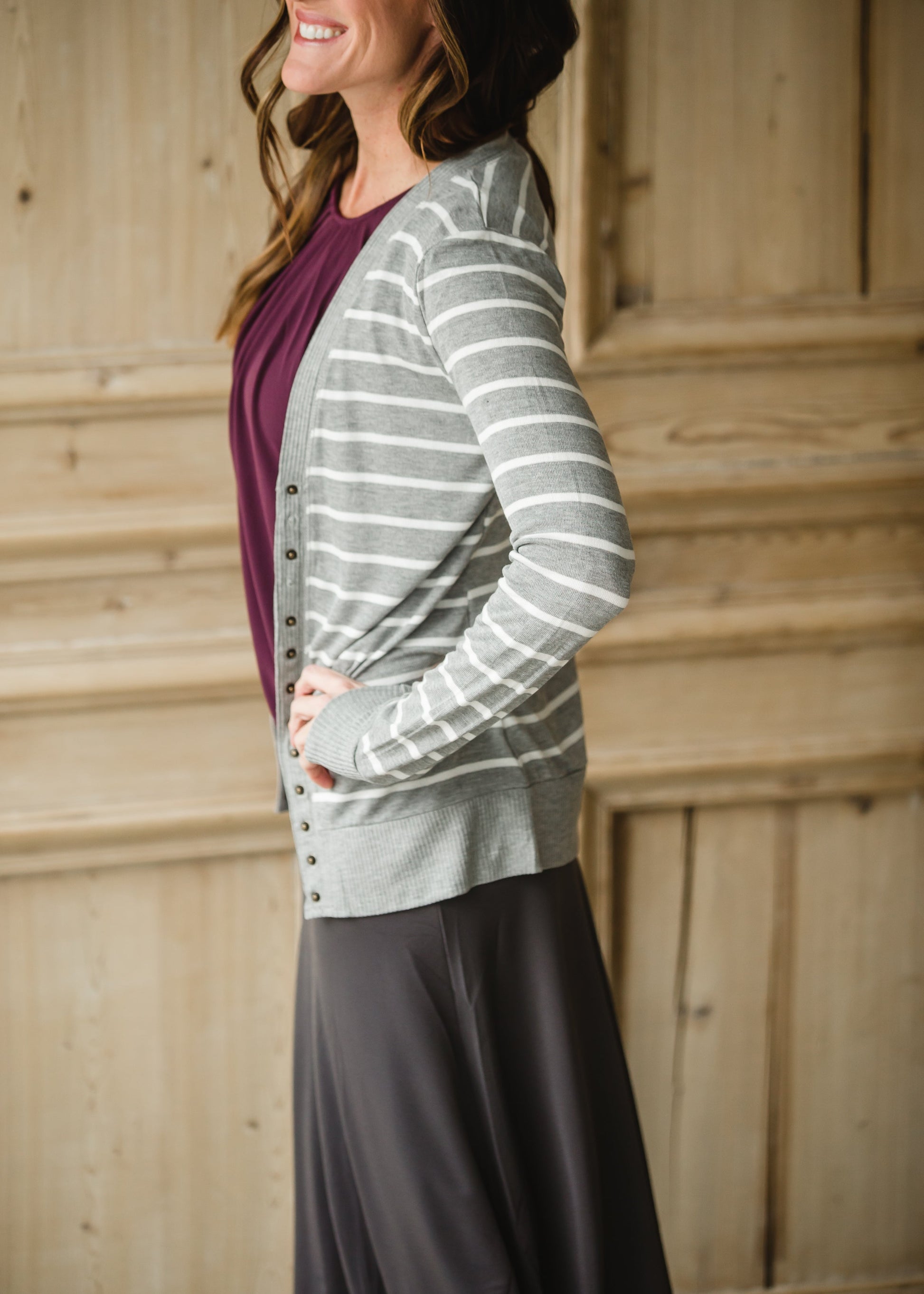Gray Striped Snap Button Cardigan - FINAL SALE Tops