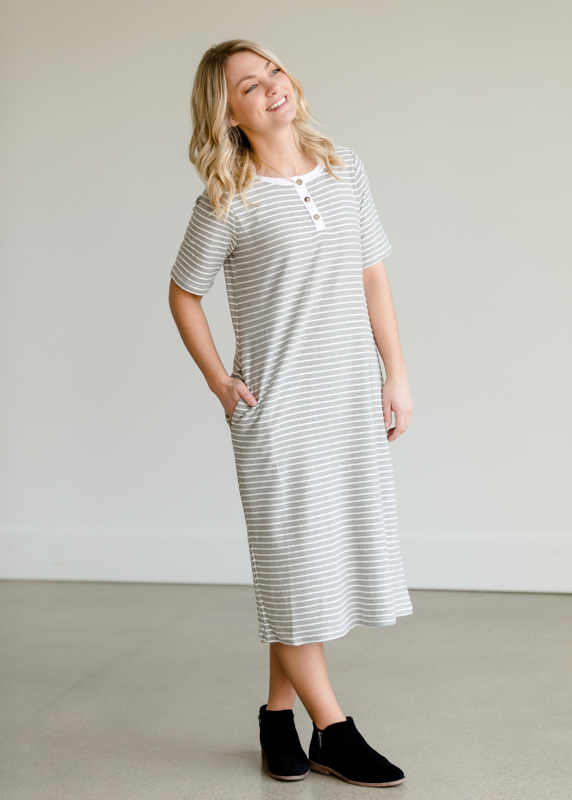 Gray Striped Textured Midi Dress - FINAL SALE Dresses