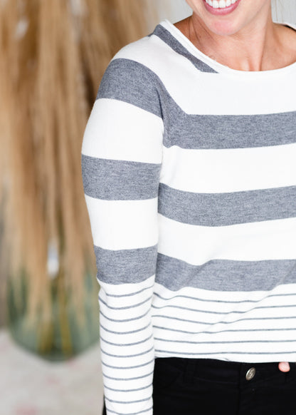Gray Striped Tulip Hem Lightweight Sweater - FINAL SALE Tops