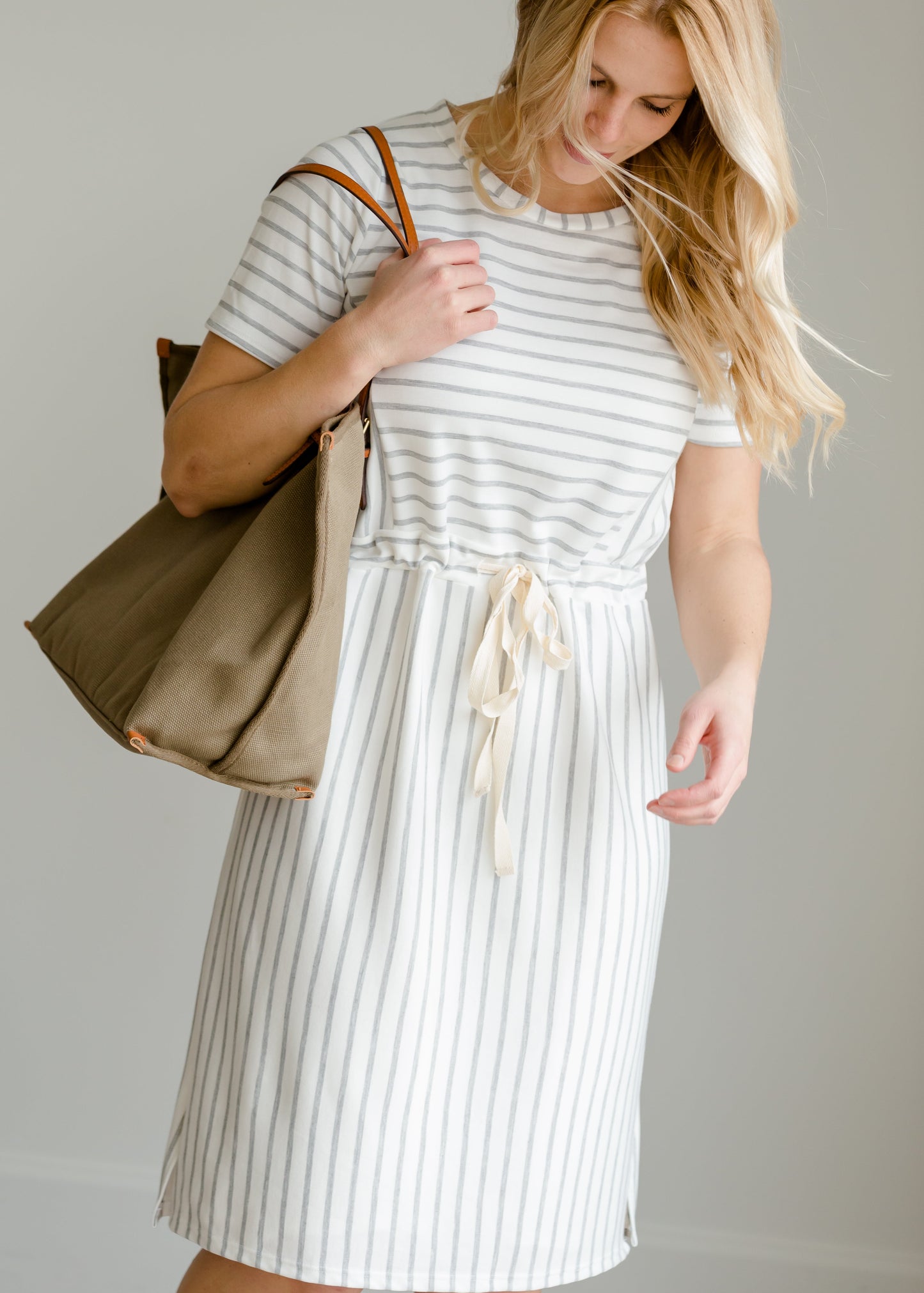 Gray Striped Waist Tie Midi Dress - FINAL SALE Dresses