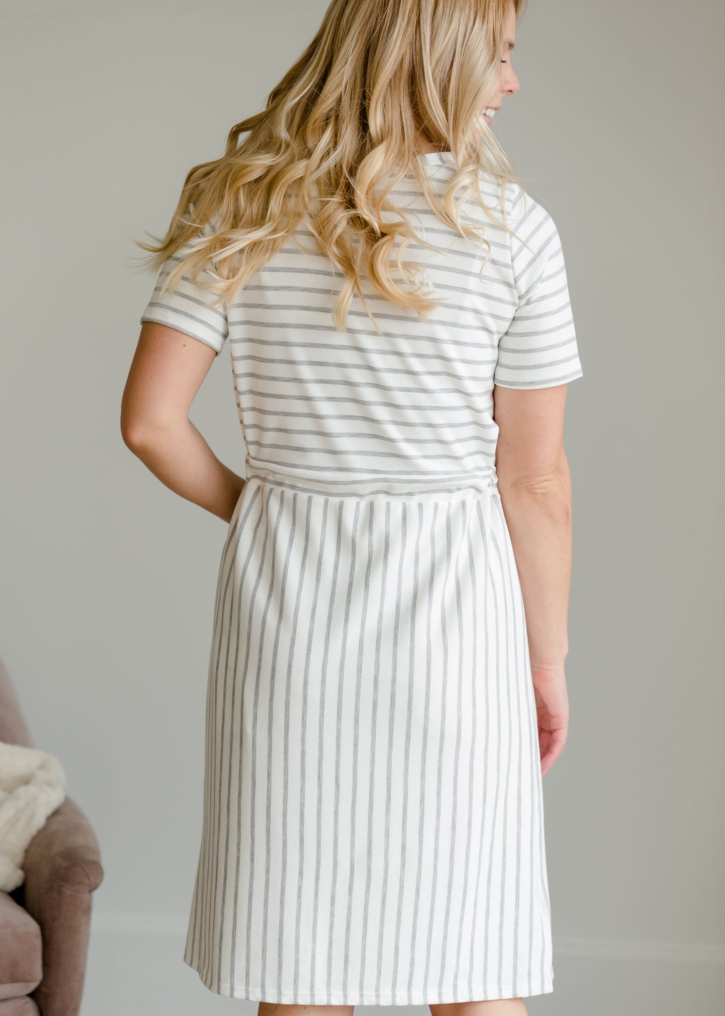 Gray Striped Waist Tie Midi Dress - FINAL SALE Dresses