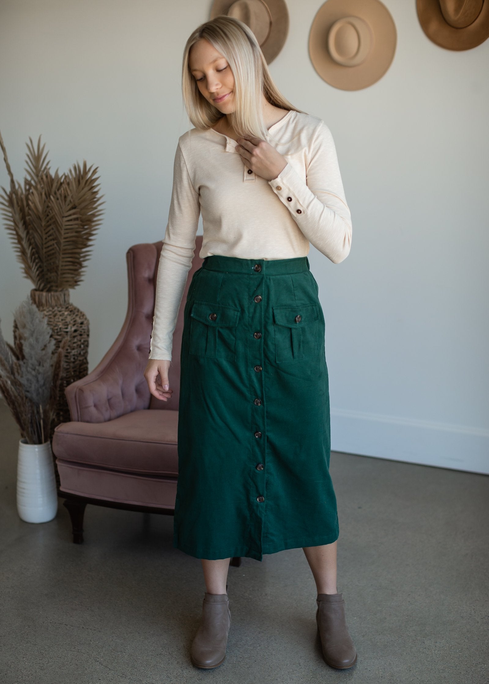 Green Corduroy Patch Pocket Button Detail Skirt Skirts Hayden