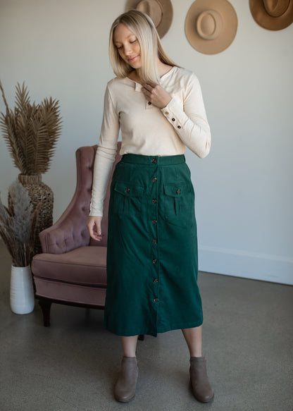 Green Corduroy Patch Pocket Button Detail Skirt Skirts Hayden