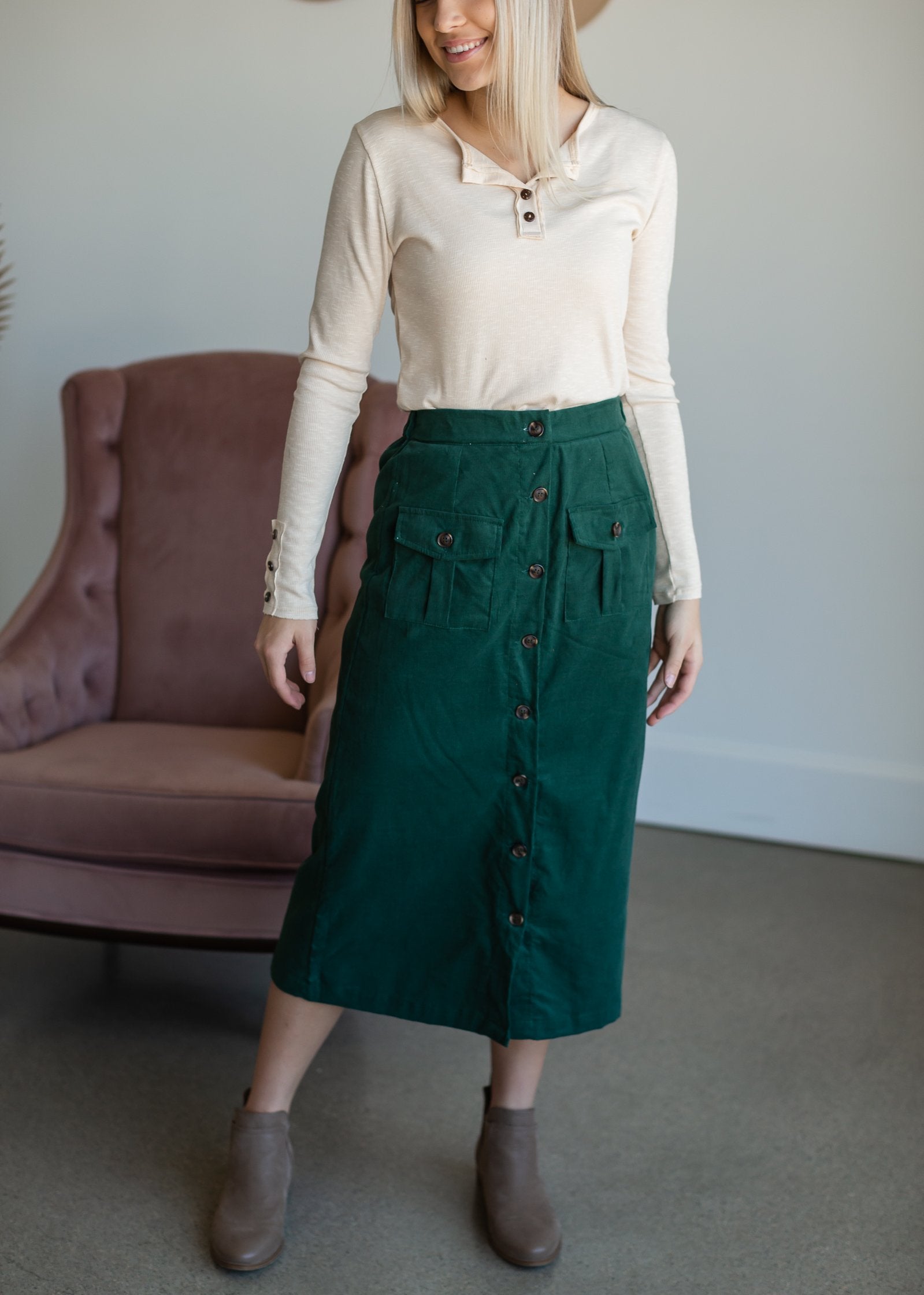 Green Corduroy Patch Pocket Button Detail Skirt Skirts Hayden