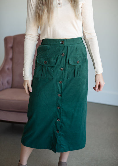 Green Corduroy Patch Pocket Button Detail Skirt Skirts Hayden