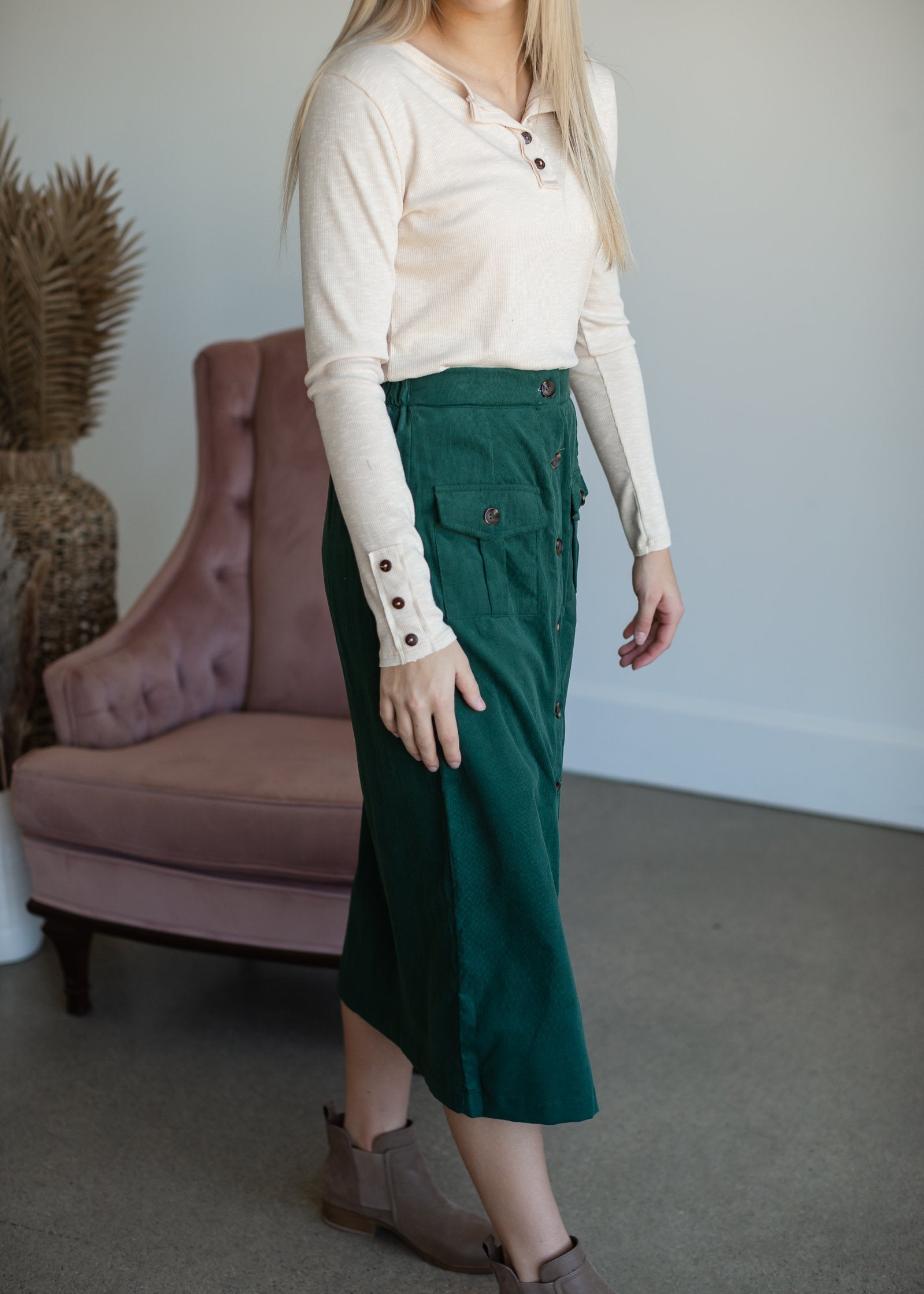Green Corduroy Patch Pocket Button Detail Skirt Skirts Hayden