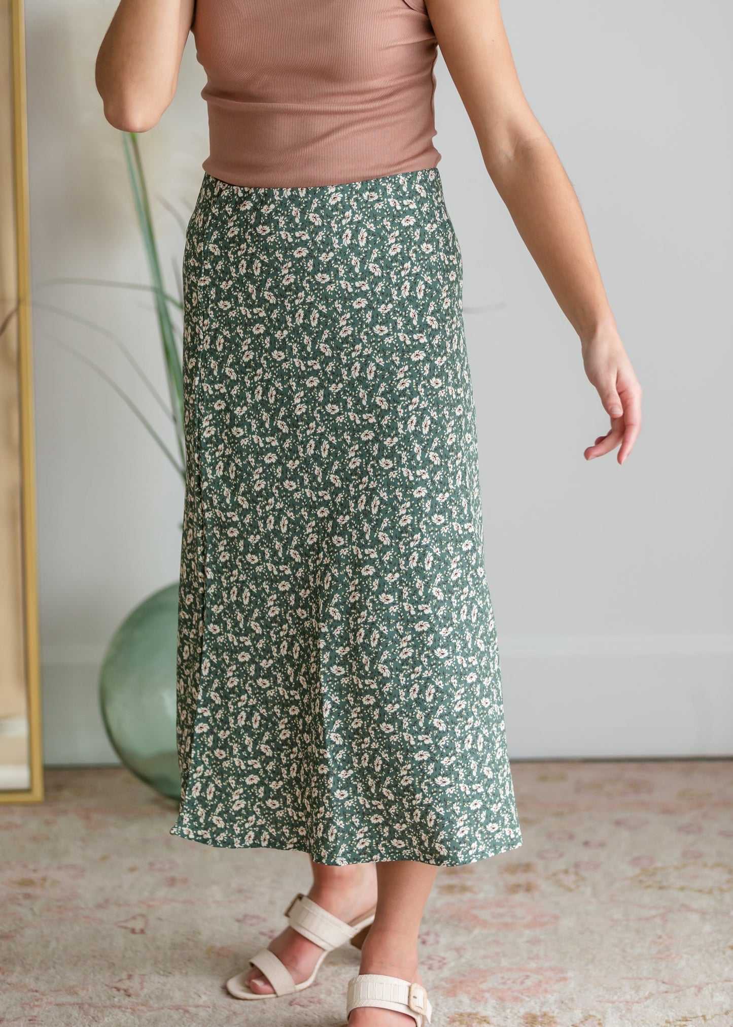 Green Ditsy Floral Simple Midi Skirt Skirts Be Cool