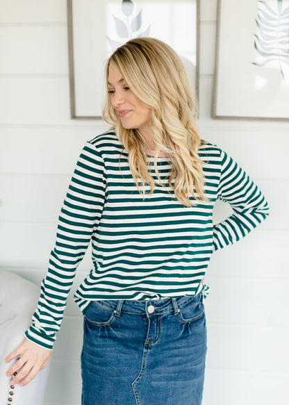 Green Striped Pink Detail Top - FINAL SALE Tops