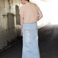 Women's long light wash modest denim-jean skirt.